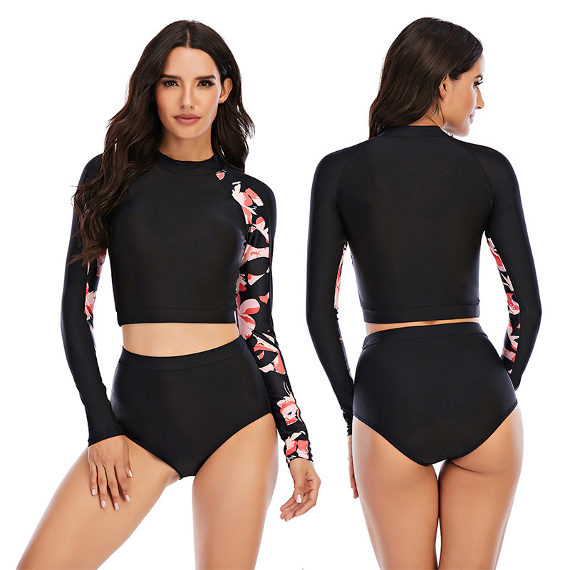 Sunscreen Long Sleeve 2 Piece Swimsuit Round Neck Womens Long Sleeve Surf Suit