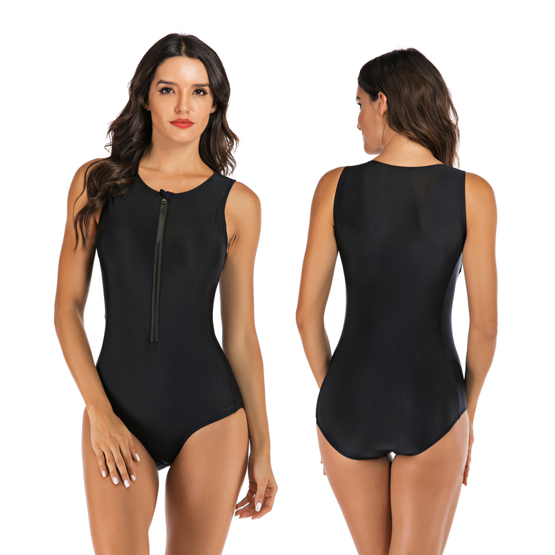 Slim Fit Snorkeling Womens Surfing Suits Sleeveless Anti UV Black Zip Front Swimsuit