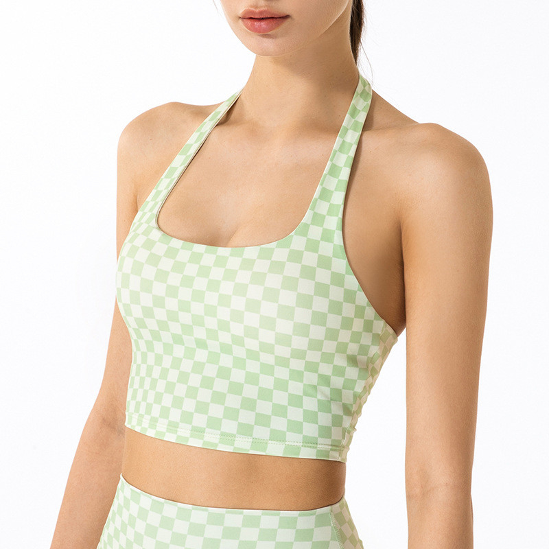 Spring Plaid Hanging Neck Womens Sports Bra Fitness Yoga Vest