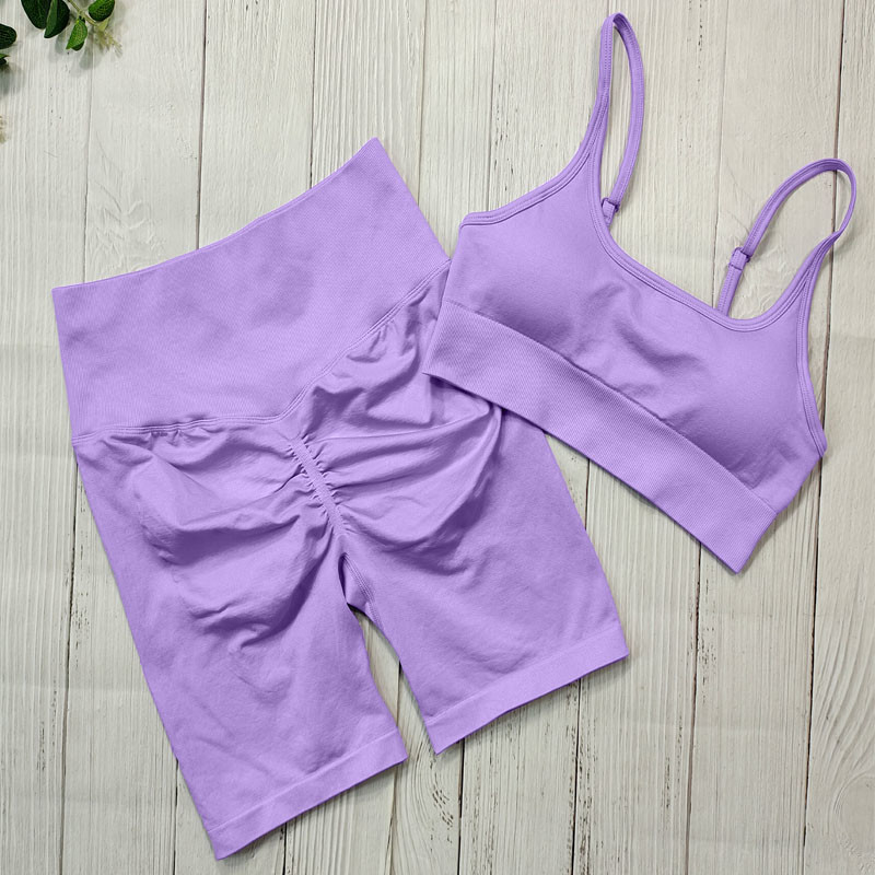 Women Seamless Yoga Workout Set 2 Piece Outfits Gym Push Up Shorts And Sports Bra