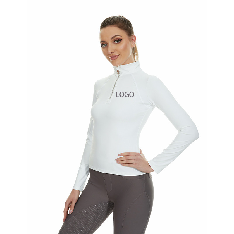 White Quick Drying Horse Riding Tops Ladies 1/4 Zipper Long Sleeve Shirts