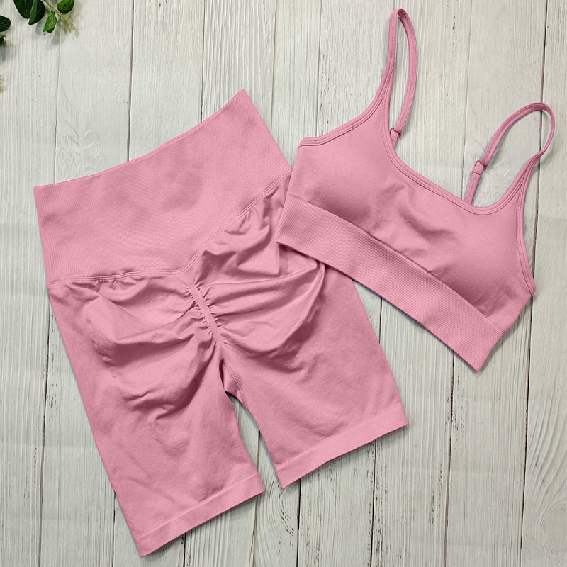 Summer Two Multicolor Yoga Outfits Ruched Butt Lifting Shorts And Breathable Sports Bra
