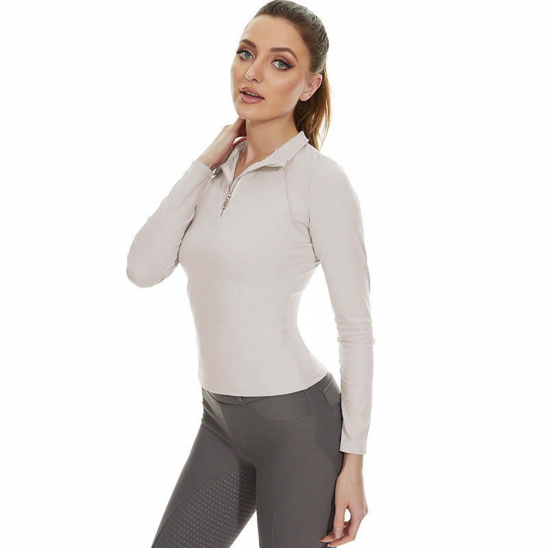 Zipper Gray Horse Riding Tops T Shirt 4 Way Stretchy Active Equestrian Clothing